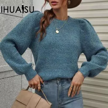 IHUASU Осенне-зимний женский свободный свитер с длинными рукавами и плиссировкой в стиле пэчворк с круглым вырезом S зелёный