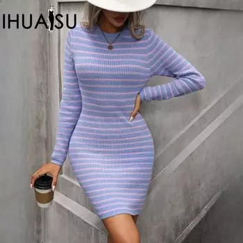 IHUASU Осенне-зимний женский трикотаж с круглым вырезом, пуловер в полоску разных цветов, свитер средней длины S зелёный