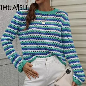 IHUASU осенне-зимний женский трикотаж с круглым вырезом, полосатый пуловер, разноцветный свитер S зелёный