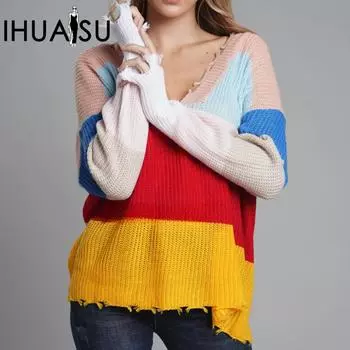 IHUASU Осенне-зимний женский трикотаж с V-образным вырезом, свободный радужный джемпер S розовый