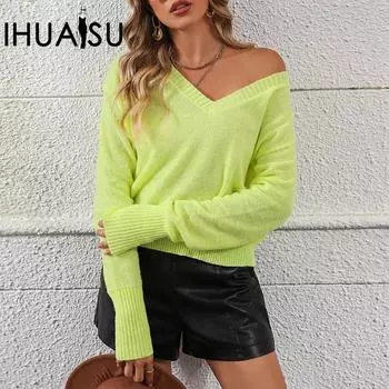 IHUASU Осенне-зимний женский трикотаж Temperament Fashion с длинными рукавами и V-образным вырезом, однотонный пуловер, джемпер для женщин S верблюд