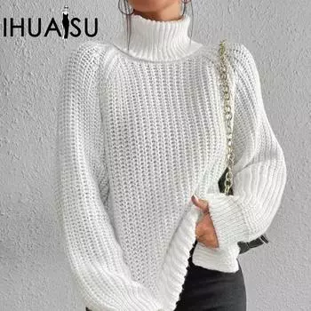 IHUASU Осенне-зимний женский вязаный свитер с высоким воротом, средней длины, с разрезом на плечах, мягкий и удобный S темно-коричневого