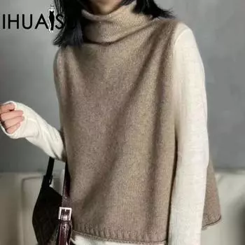 IHUASU осенне-зимний жилет из наборной шерсти, жилет, трикотажные плечи, свободный джемпер с высоким воротником, тонкий толстый, большой размер, женская одежда S чёрный