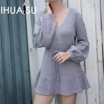 IHUASU осенне-зимняя мода платье однотонный завязывающийся веревочный V-образный вырез вязаный свитер женский средней длины джемпер S серый