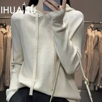 IHUASU Осенне-зимняя трикотажная толстовка с капюшоном, женская универсальная свободная ленивая ветрозащитная кофта-джемпер S белый