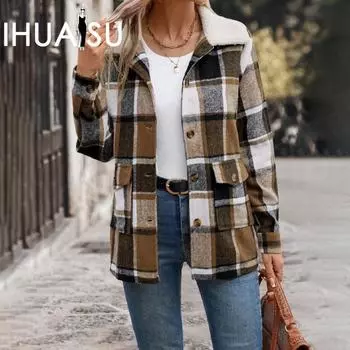 IHUASU Осенне-зимняя женская клетчатая куртка с воротником-поло S хаки