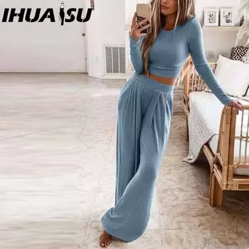 IHUASU Осенне-зимняя женская одежда, однотонный трикотажный повседневный домашний комплект из двух предметов S розовый