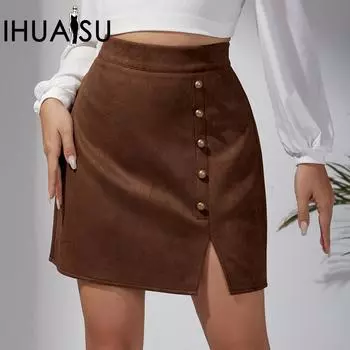 IHUASU осенне-зимняя женская однотонная замшевая юбка-бюстье с высокой талией и металлической пряжкой, короткая юбка на бедрах S хаки