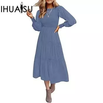 IHUASU осеннее однотонное свободное женское плиссированное многослойное свободное платье с длинными рукавами и короткими рукавами S белый