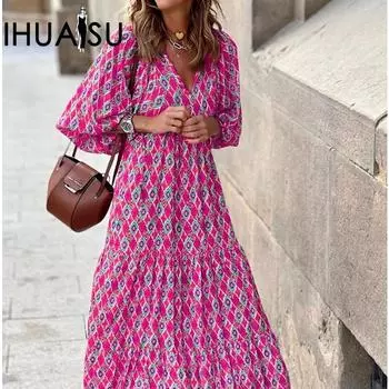 IHUASU осеннее платье с геометрическим коллажем и пышными рукавами Street Bomb Street женское платье больших размеров XS красный