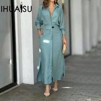 IHUASU осеннее темпераментное женское платье-рубашка на шнуровке с длинными рукавами и длинными рукавами S небесно-голубой