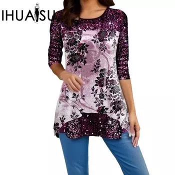 IHUASU Осенние и зимние женские топы, модная футболка с круглым вырезом и принтом S фиолетовый