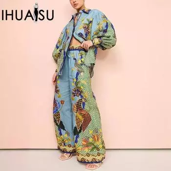 IHUASU Осенний модный индивидуальный принт с пышными рукавами, праздничный галстук, комплект из двух предметов для женщин