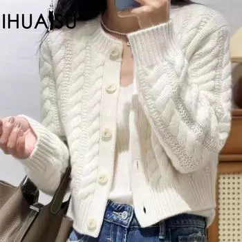 IHUASU Осенний новый шерстяной кардиган, женский универсальный перекрученный джемпер, рубашка, однотонная свободная трикотажная кашемировая куртка S белый