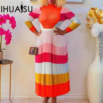 IHUASU осенний плиссированный контрастный костюм с принтом и длинными рукавами, модная полуюбка, комплект из двух предметов S