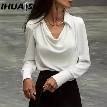IHUASU Осенний темперамент однотонная простая блузка с воротником женская блузка женская S белый