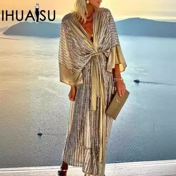 IHUASU осенний темпераментный женский кардиган с блестками и рукавами «летучая мышь» праздничное платье S жёлтый