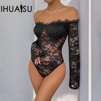 IHUASU Осенний женский черный боди с одним вырезом и длинными рукавами S чёрный