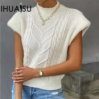 IHUASU Осенняя мода Женский джемпер Европа и США Верхняя одежда Twist Высокий воротник Жилеты S белый