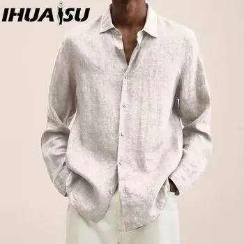 IHUASU Осенняя рубашка с длинным рукавом и V-образным вырезом, свободная на пуговицах, из хлопка и льна, мужская футболка M фиолетовый