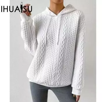 IHUASU осенняя женская жаккардовая толстовка больших размеров со шнуровкой и длинными рукавами, вязаная толстовка S белый