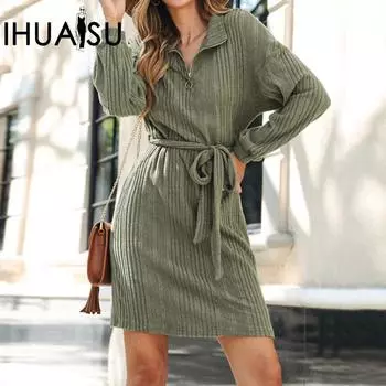 IHUASU Платье-поло на молнии с длинными рукавами и воротником-стойкой для осени и зимы, универсальная зеленая юбка с завязкой S зелёный