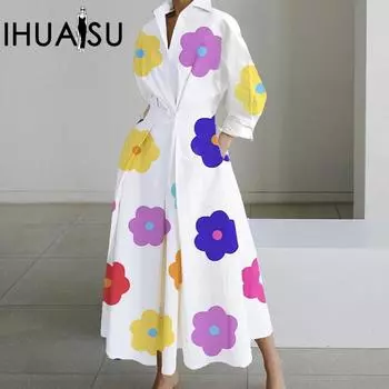 IHUASU Платье Пригородная мода ПОЛО с воротником на подкладке и длинными рукавами с эластичной резинкой на талии Свободное платье