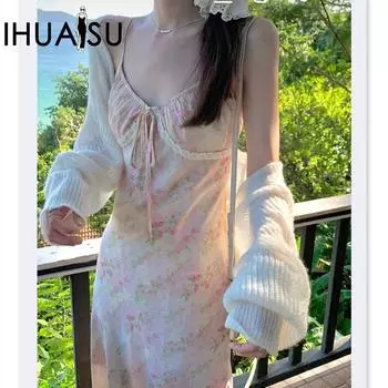 IHUASU платье с цветочным ремнем женское ранневесеннее кружевное лоскутное французское платье макси S