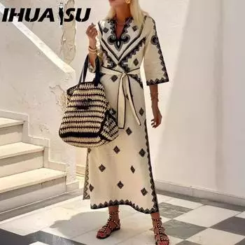 IHUASU Платье в стиле бохо из конопли с принтом и поясом для женщин на осень-зиму S бежевый