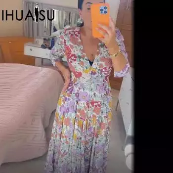 IHUASU Плюс Размер Супер Фея Платье с v-образным вырезом и цветочным принтом Пляжное праздничное пляжное платье с длинной юбкой женское S