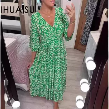 IHUASU Плюс Размер Супер Фея Платье с v-образным вырезом и цветочным принтом Пляжная праздничная пляжная юбка Длинная юбка S