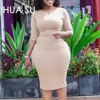 IHUASU плюс размер женское летнее платье с короткими рукавами и круглым вырезом темпераментное офисное платье юбка-карандаш S
