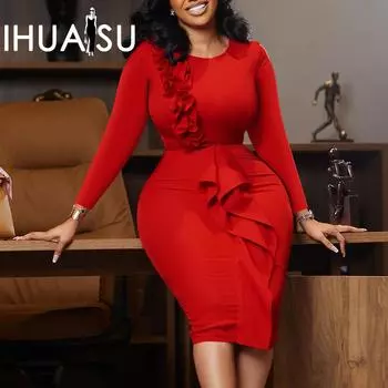 IHUASU плюс размер женское осенне-зимнее модное темпераментное платье с круглым вырезом и длинными рукавами S