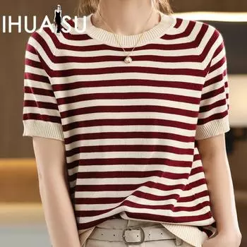 IHUASU Полосатая хлопковая футболка, женский летний свитер, свободный универсальный трикотажный низ с короткими рукавами S красный