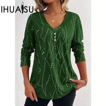 IHUASU Повседневная футболка с длинными рукавами и геометрическим принтом на пуговицах S чёрный