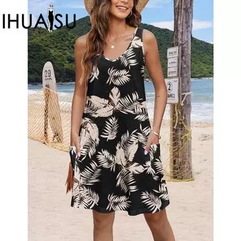 IHUASU Повседневная майка-юбка с карманом Летняя богемная пляжная юбка-футболка с цветочным принтом S чёрный