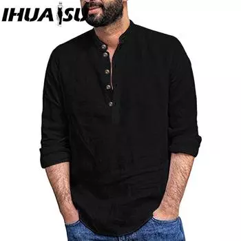 IHUASU Повседневная мужская свободная рубашка, мужская модная рубашка с воротником-стойкой, из хлопка и льна с длинным рукавом, цветная рубашка M белый