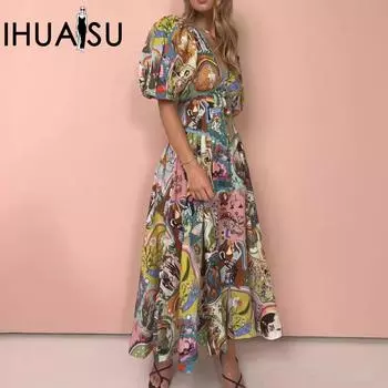 IHUASU повседневное качественное хлопково-льняное пуловер с принтом и коротким рукавом с v-образным вырезом свободное платье S