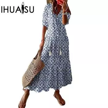 IHUASU повседневное милое свободное женское платье с v-образным вырезом и принтом, висящая борода, длинное платье со средним рукавом