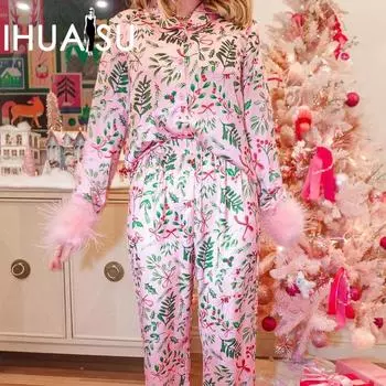 IHUASU повседневный атласный костюм-пижама с принтом для домашней одежды для женщин S розовый