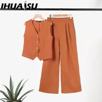 IHUASU Повседневный и модный однотонный комплект из жилета и длинных брюк, комплект из двух предметов в стиле коллаж и пэчворк S хаки