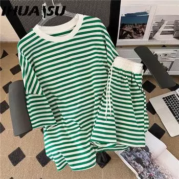 IHUASU Повседневный спортивный комплект для женщин, 200 фунтов, в полоску в студенческом стиле, свободный и модный, футболка с короткими рукавами и шорты, комплект из двух предметов M