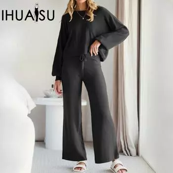 IHUASU Повседневный женский пуловер из двух частей, домашний костюм с длинными рукавами, драпированный, тонкий, тонкий раздел Commuter S чёрный