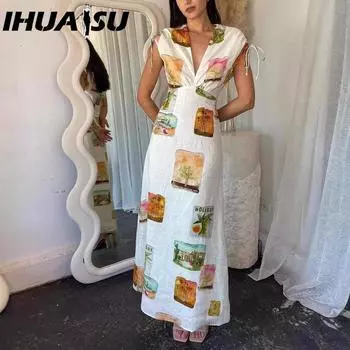 IHUASU Printed V-neck Ramie Lace-up High-waisted Dress for Women S белый