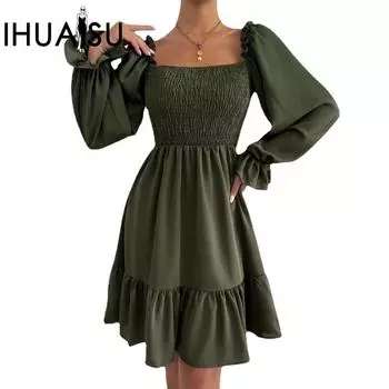 IHUASU Простое платье из крепа с квадратным вырезом и рюшами по краю S чёрный