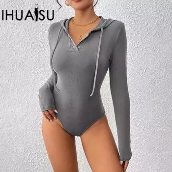 IHUASU Pure Color Slim Fashion Bodysuit Осень-зима с капюшоном Pit Stripe Bodysuit S серый