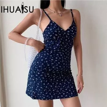 IHUASU Pure Desire винтажное платье с v-образным вырезом и бретелькой на шее, женское летнее платье с цветочным принтом, женское платье S