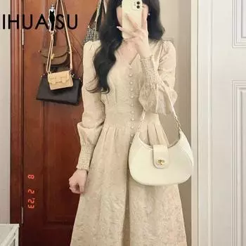 IHUASU ретро с v-образным вырезом, тяжелое промышленное платье с длинными рукавами, женское весенне-осеннее высококачественное темпераментное длинная юбка трапециевидной формы S