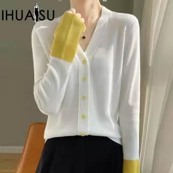 IHUASU Ретро шерстяной вязаный кардиган с V-образным вырезом, женская куртка, весна и осень, модный универсальный уличный джемпер с цветными блоками M белый