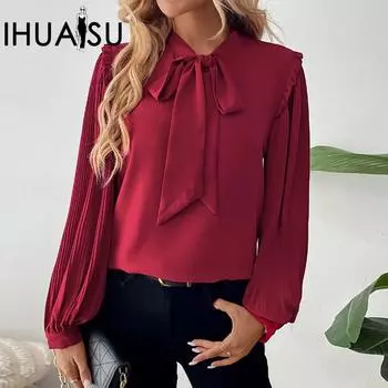 IHUASU Рубашка Temperament с длинным рукавом и воротником-бантом, однотонная женская рубашка S бордовый